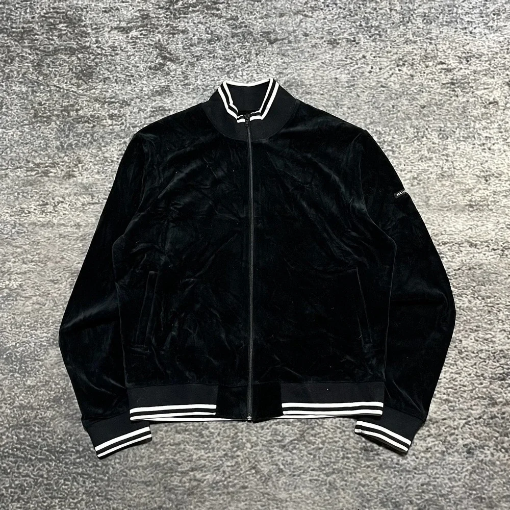 Burberry Golf Striped Bomber Jacket Womens Medium Black Full Zip Velvet Designer